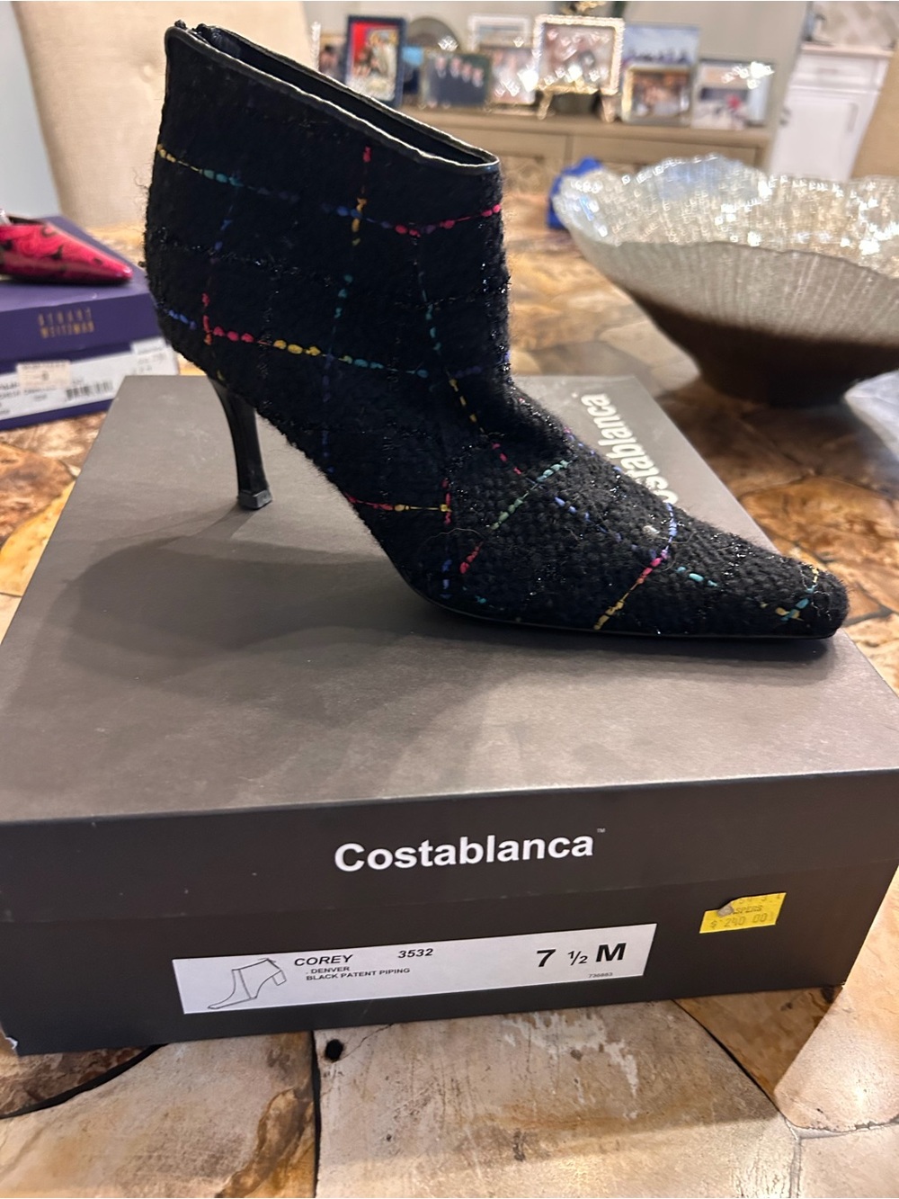 Costa Blanca Black Tweed Ankle Boot with Multicolor Stitching